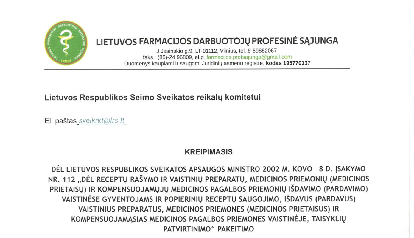 Kreipimasis į Seimo sveikatos reikalų komitetą