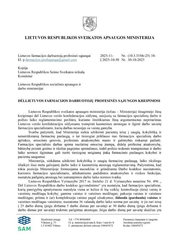Nepritariame dėl LVK pasiūlymų keisti farmacijos specialistų darbo ir atostogų laiko reglamentavimą